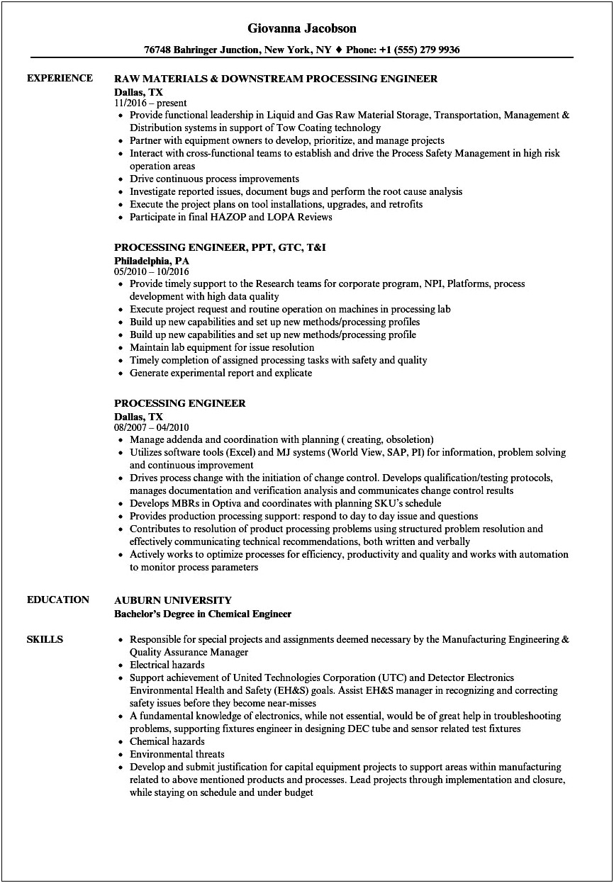 Chemical Engineer Resume First Job