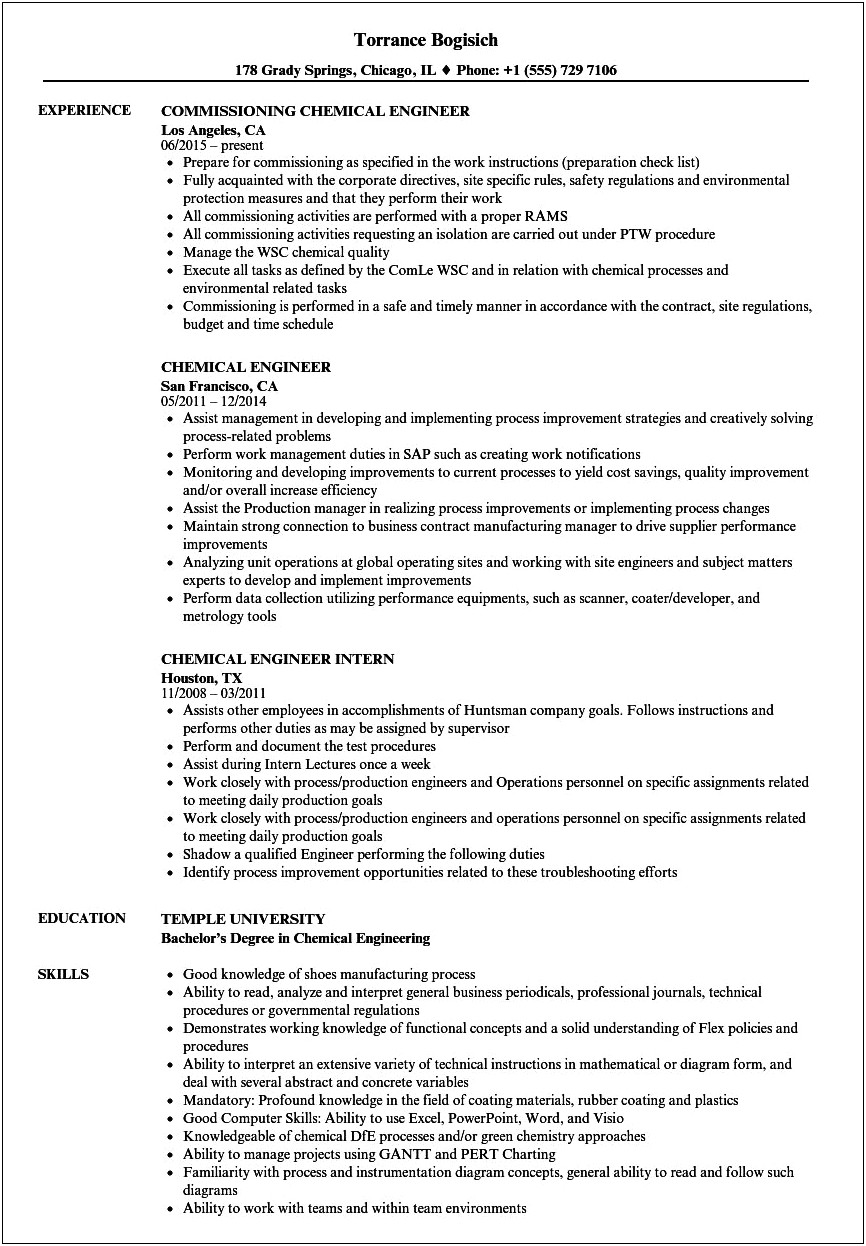 Chemical Engineering Resume Additional Skills Relevant Experience