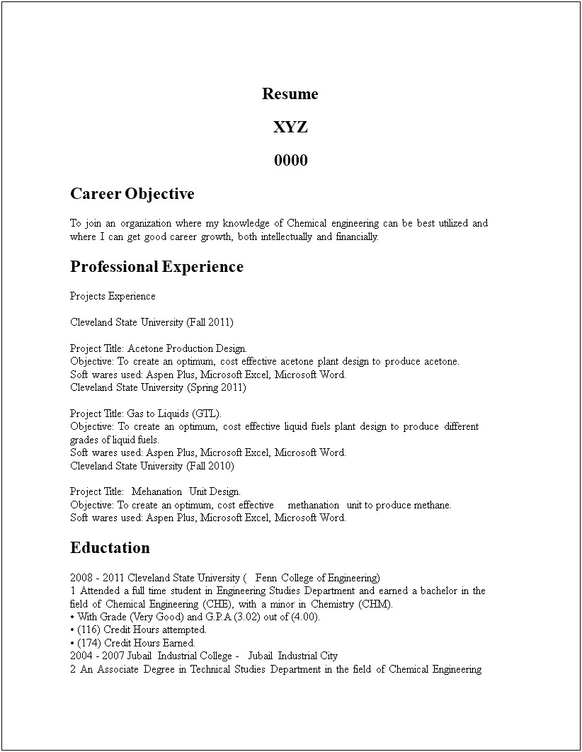 Chemical Engineering Student Resume Objective Example
