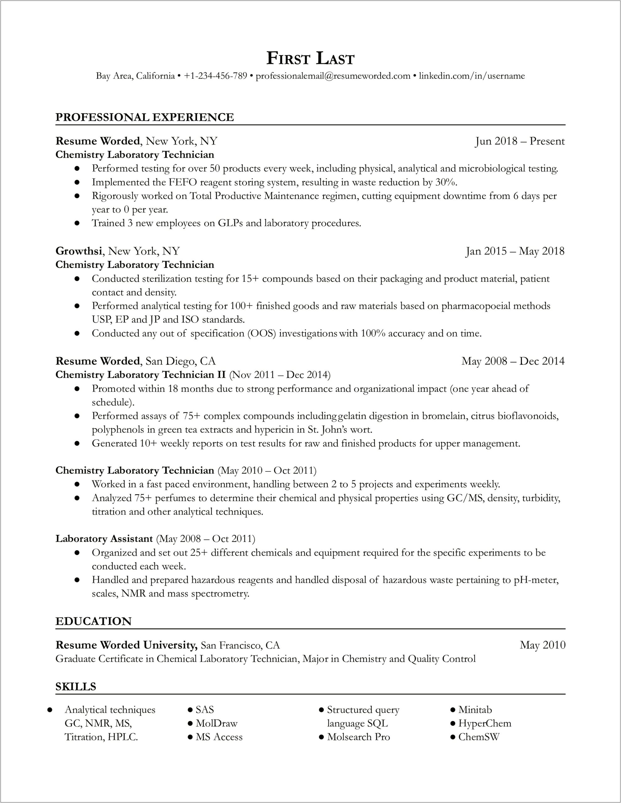 Chemical Lab Tech Resume Example
