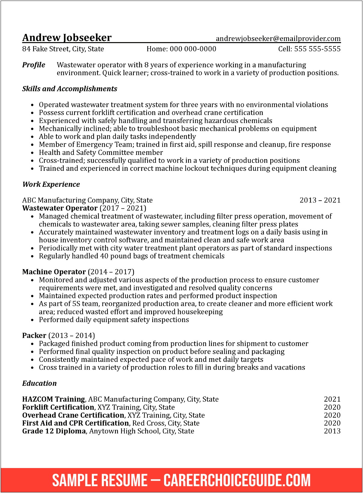 Chemical Operator Job Description Resume