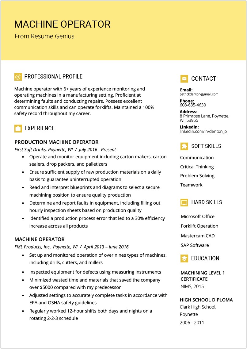 Chemical Operator Resume Overview Example
