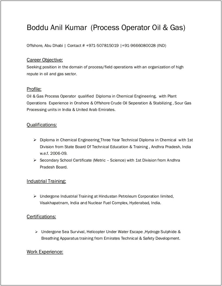 Chemical Plant Operator Resume Objective