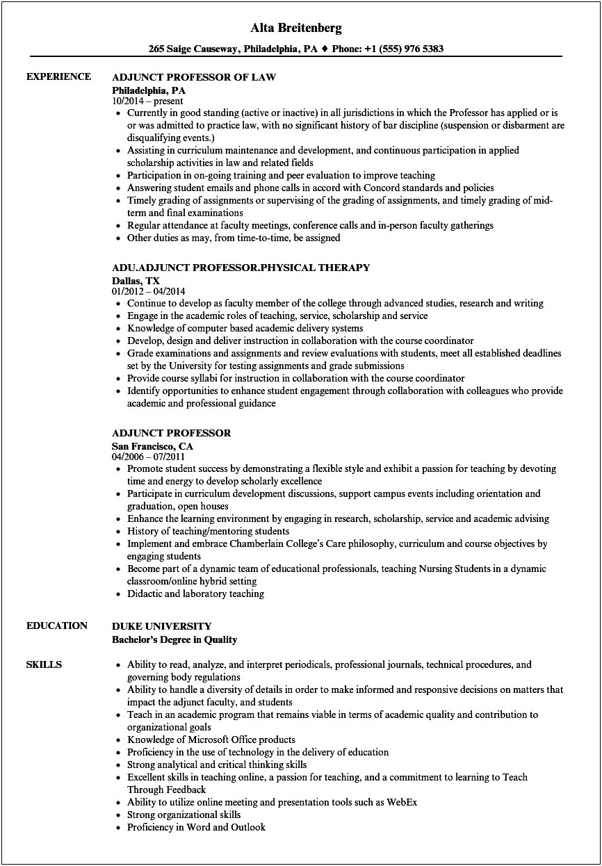 Chemistry Adjunct Resume Skills Summary