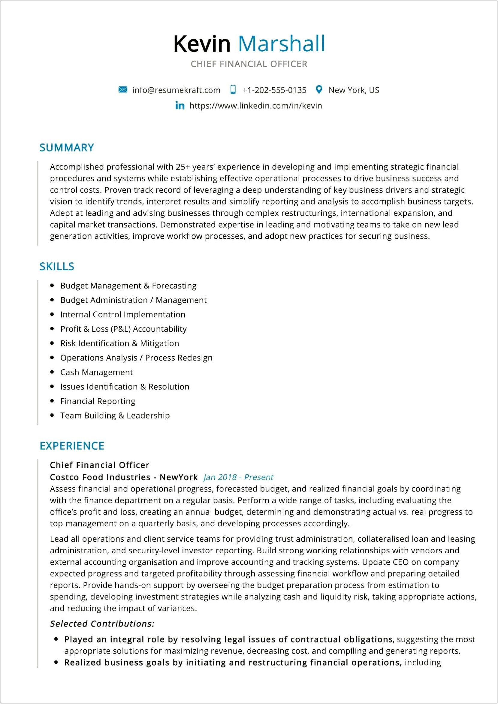 Chief Accounting Officer Sample Resume