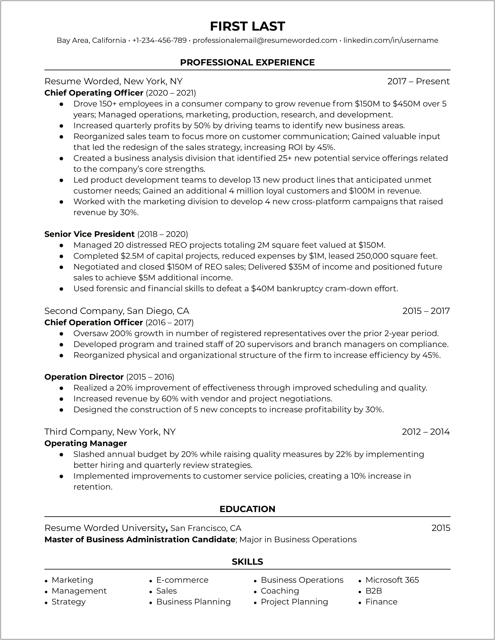 Chief Operating Officer Resume Samples