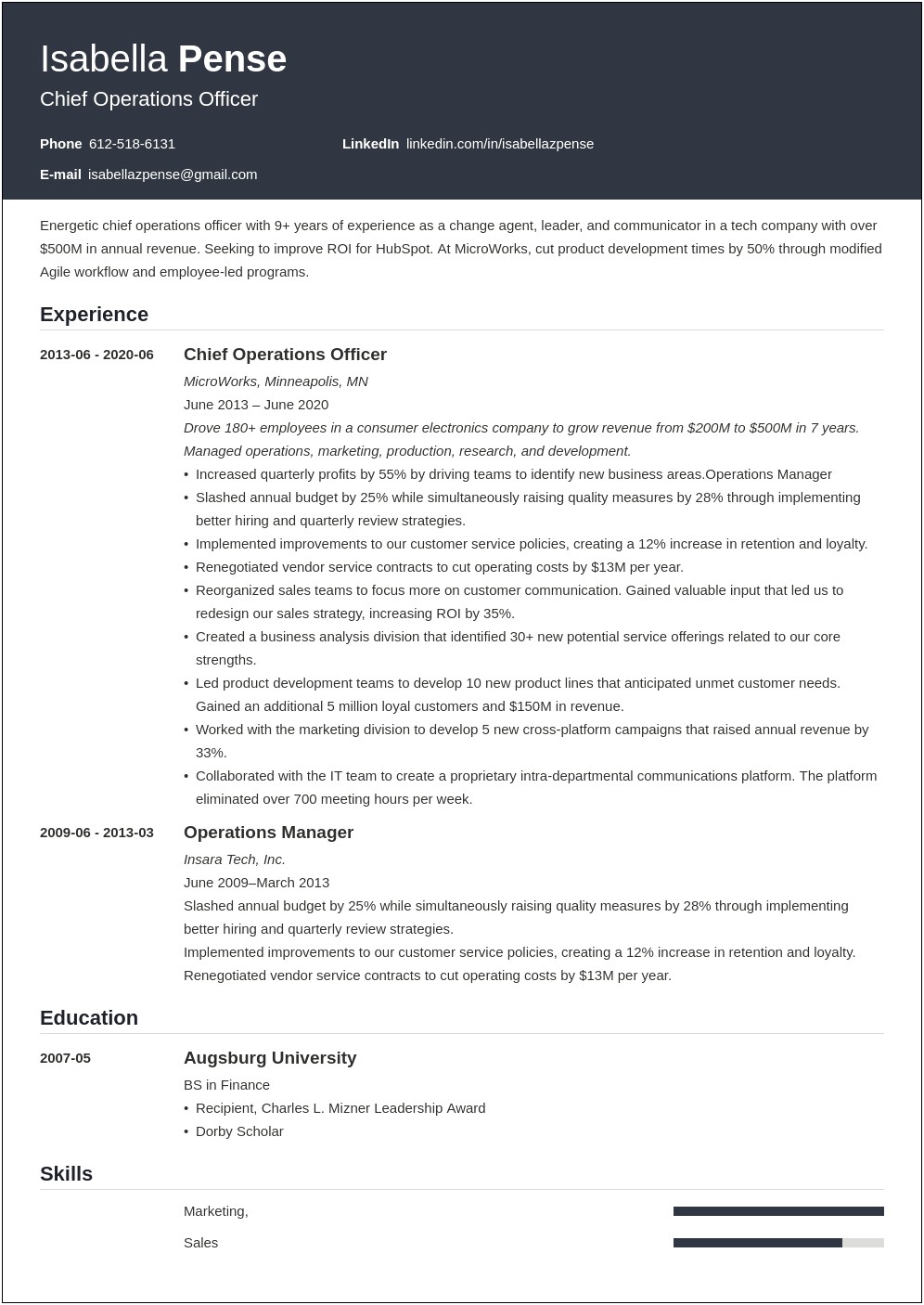 Chief Operating Officer Sample Resume