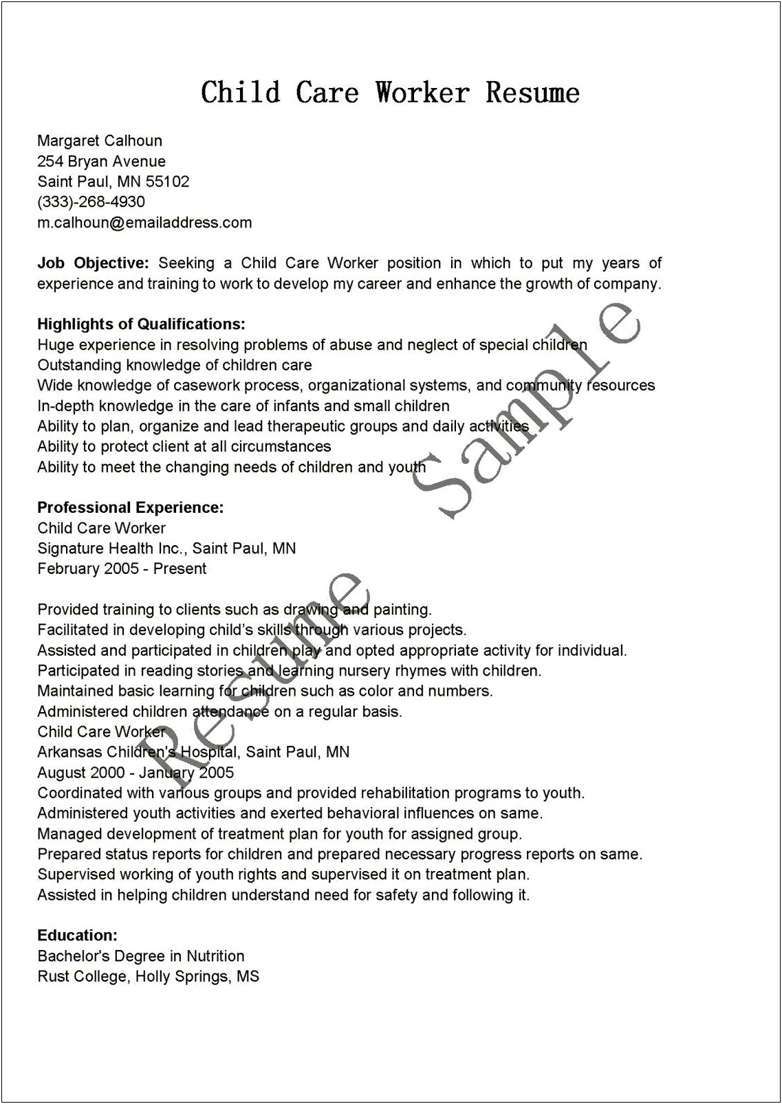 Child Care Aide Resume Objective