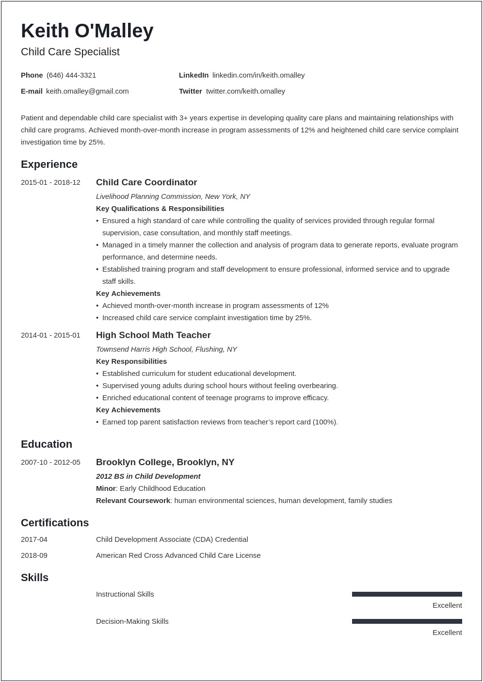 Child Care Assistant Director Resume Sample