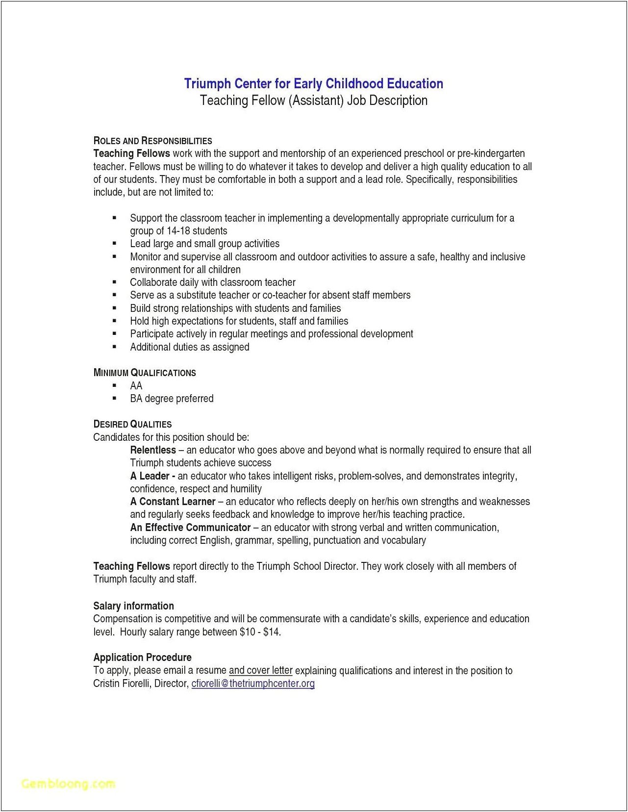 Child Care Assistant Job Description For Resume