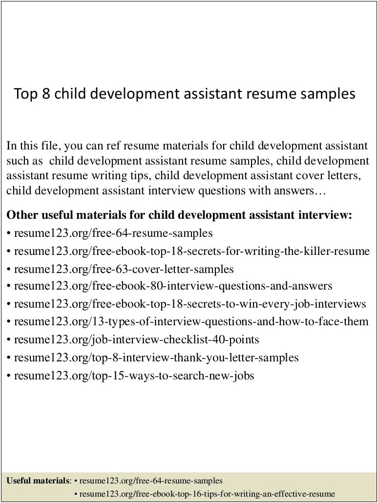 Child Care Assistant Job Resume