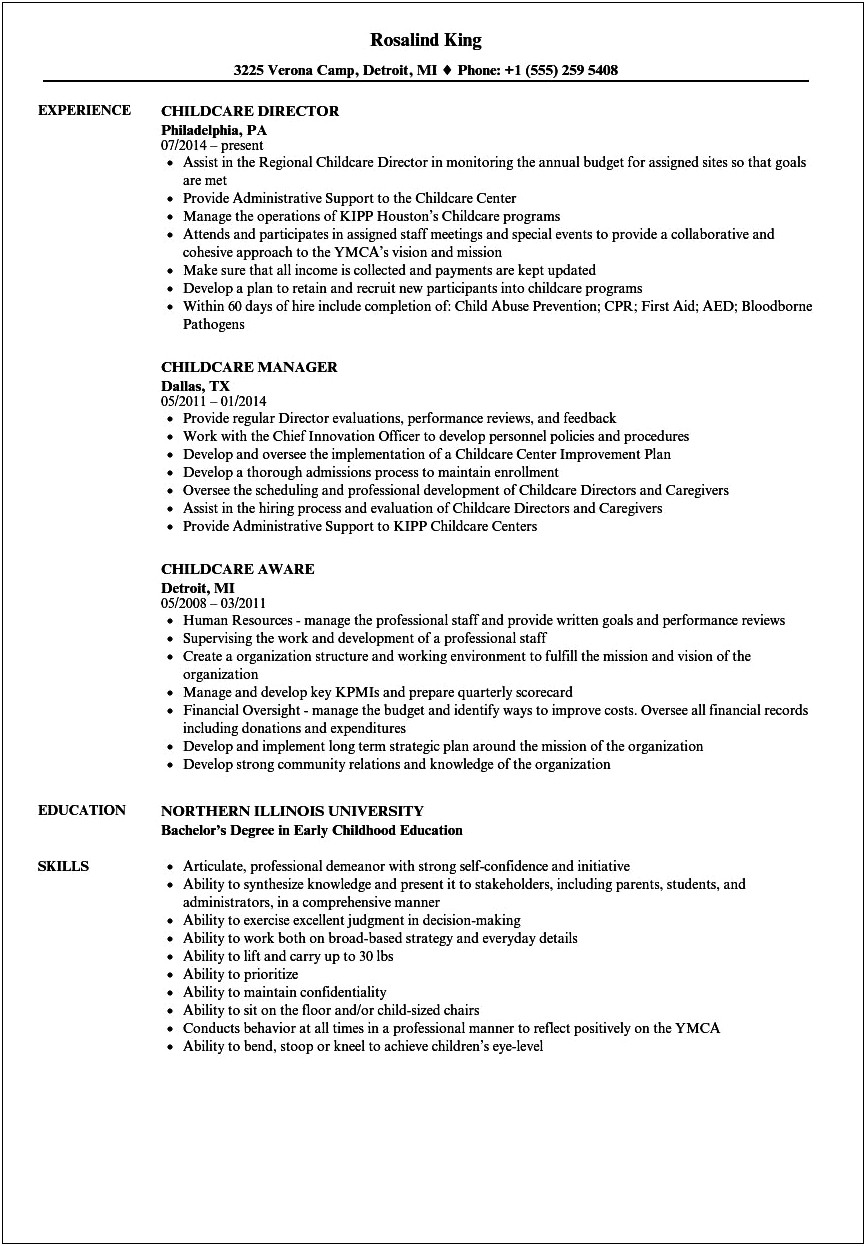Child Care Experience Resume Sample