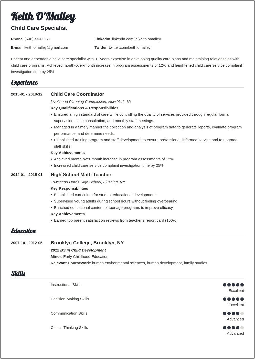 Child Care Resume Summary Examples