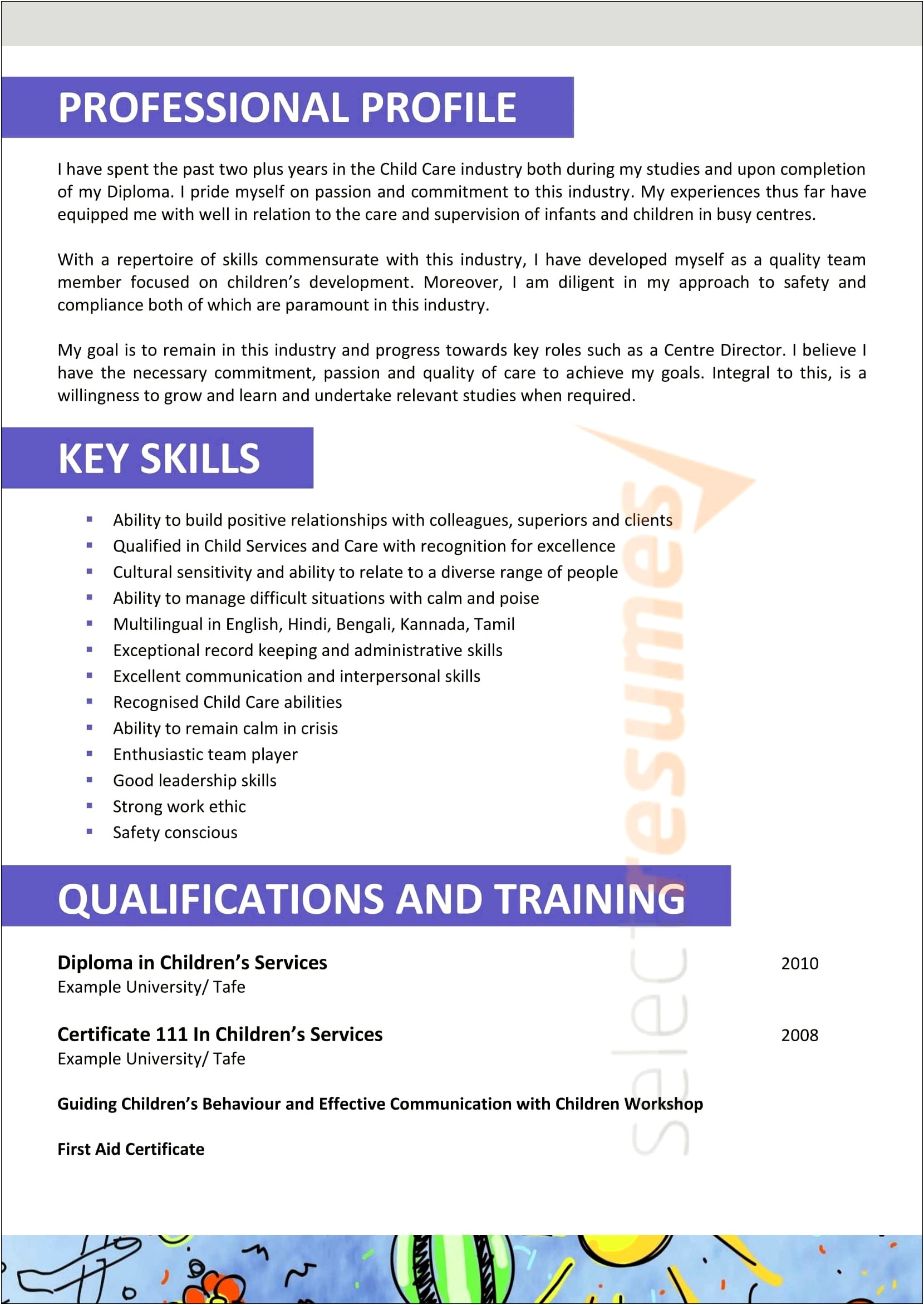 Child Care Skills And Qualifications Resume