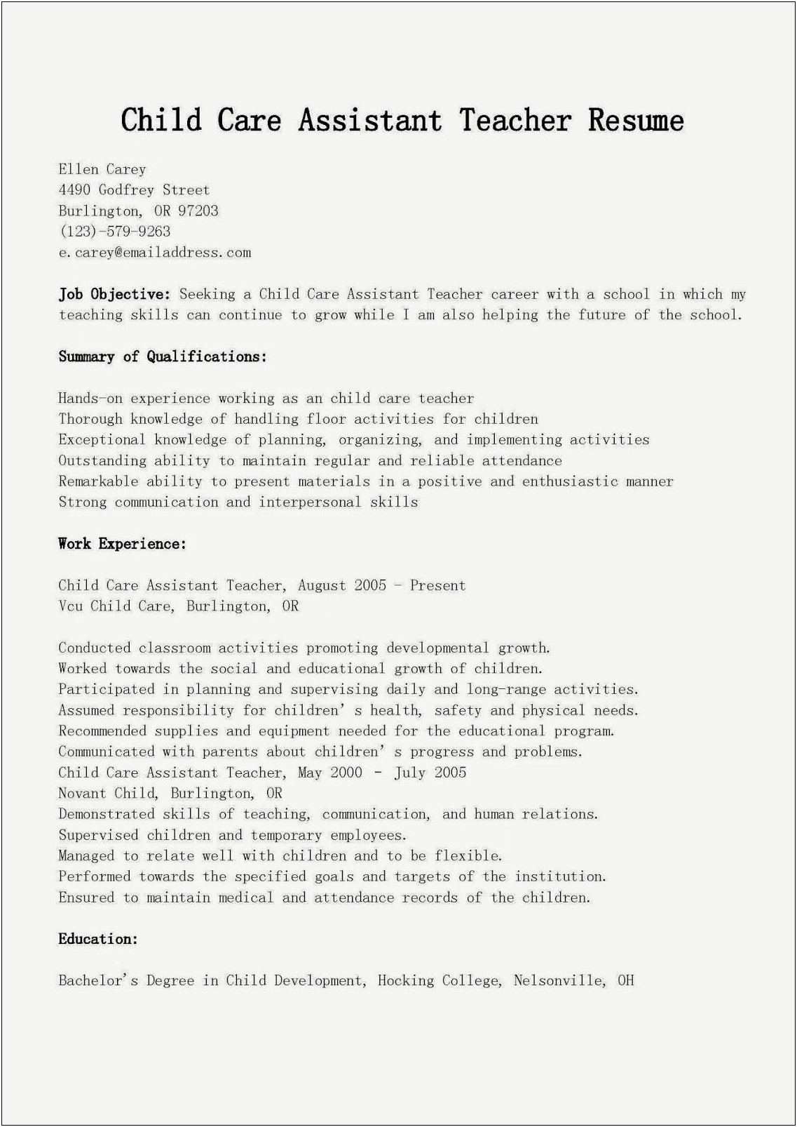 Child Care Worker Resume Professional Summary