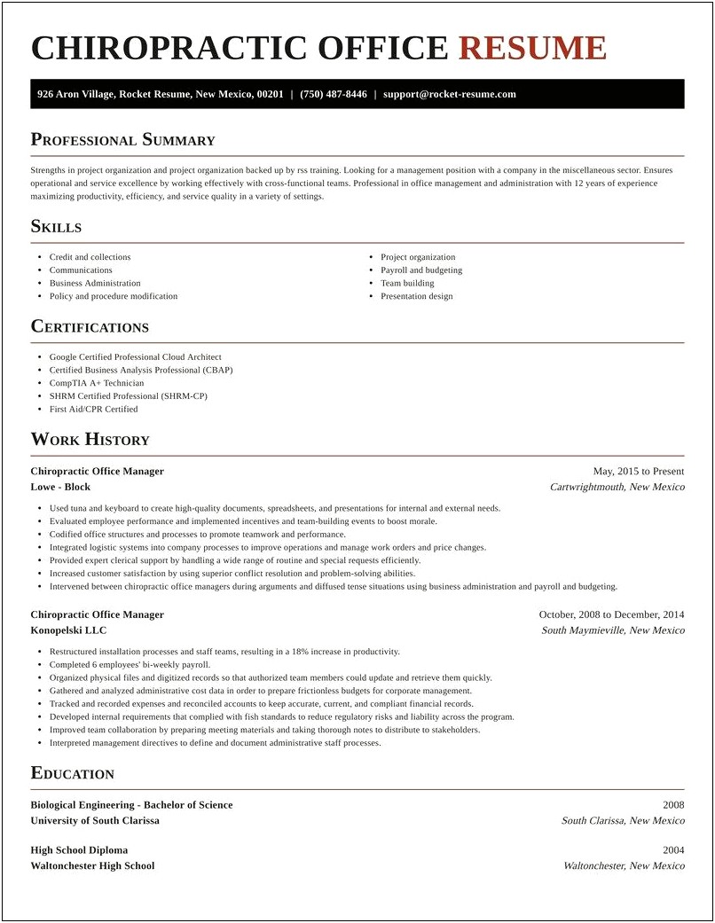 Chiropractic Office Manager Sample Resume