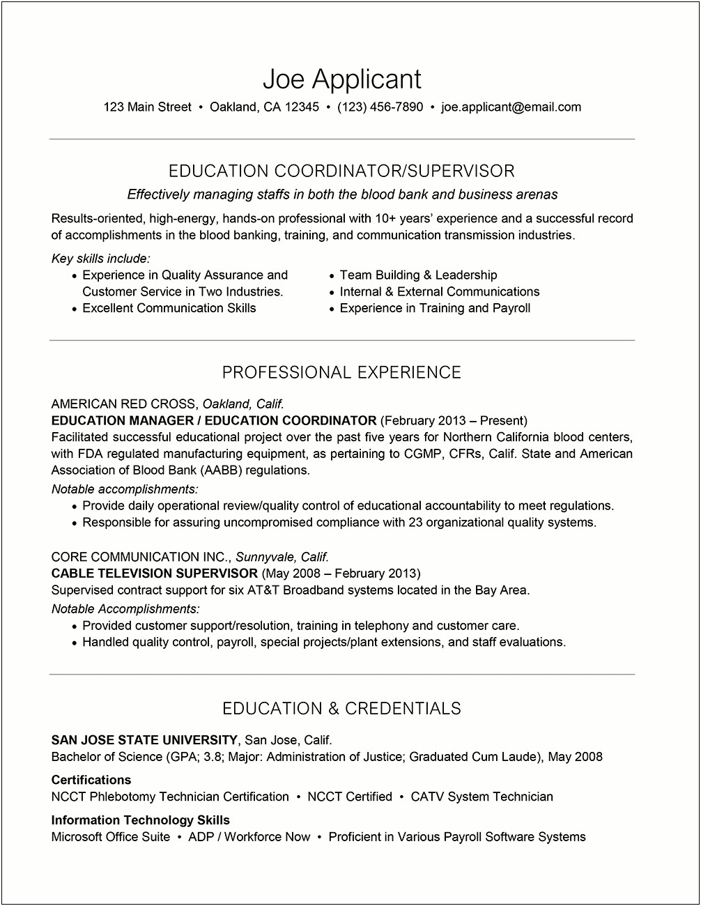 Chronological Resumes With Greater Than 10 Years Experience