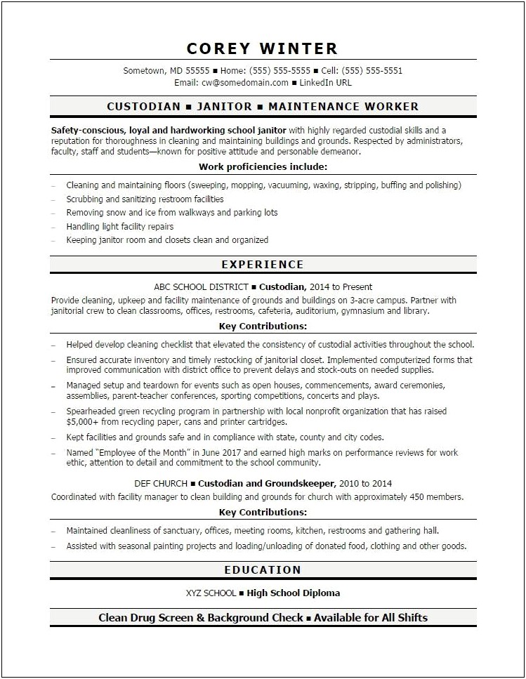 Church Custodian Job Description For Resume