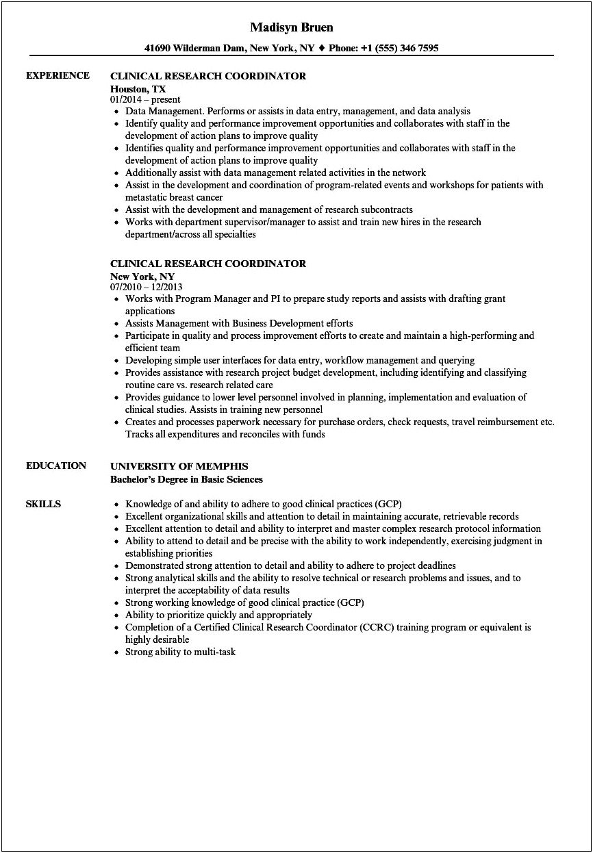 Cincial Research Coordinator Sample Resume