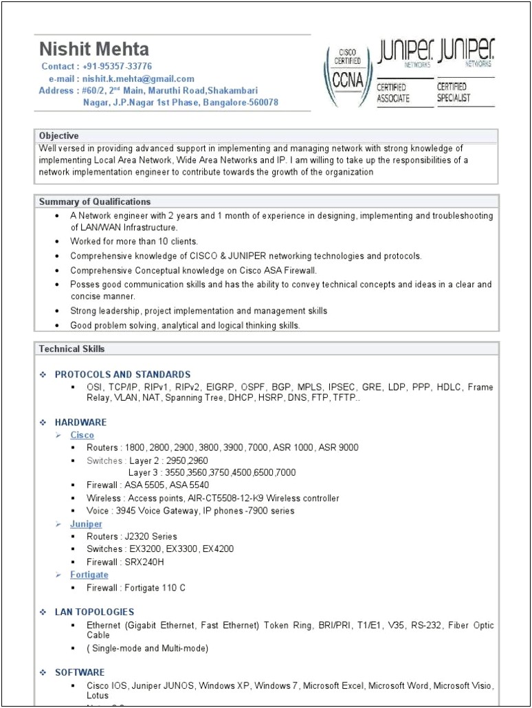 Cisco Asr 1000 And 9000 Sample Resume