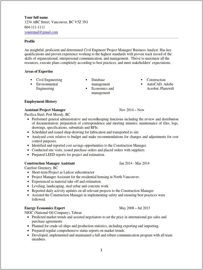 Civil Engineer Project Manager Resume