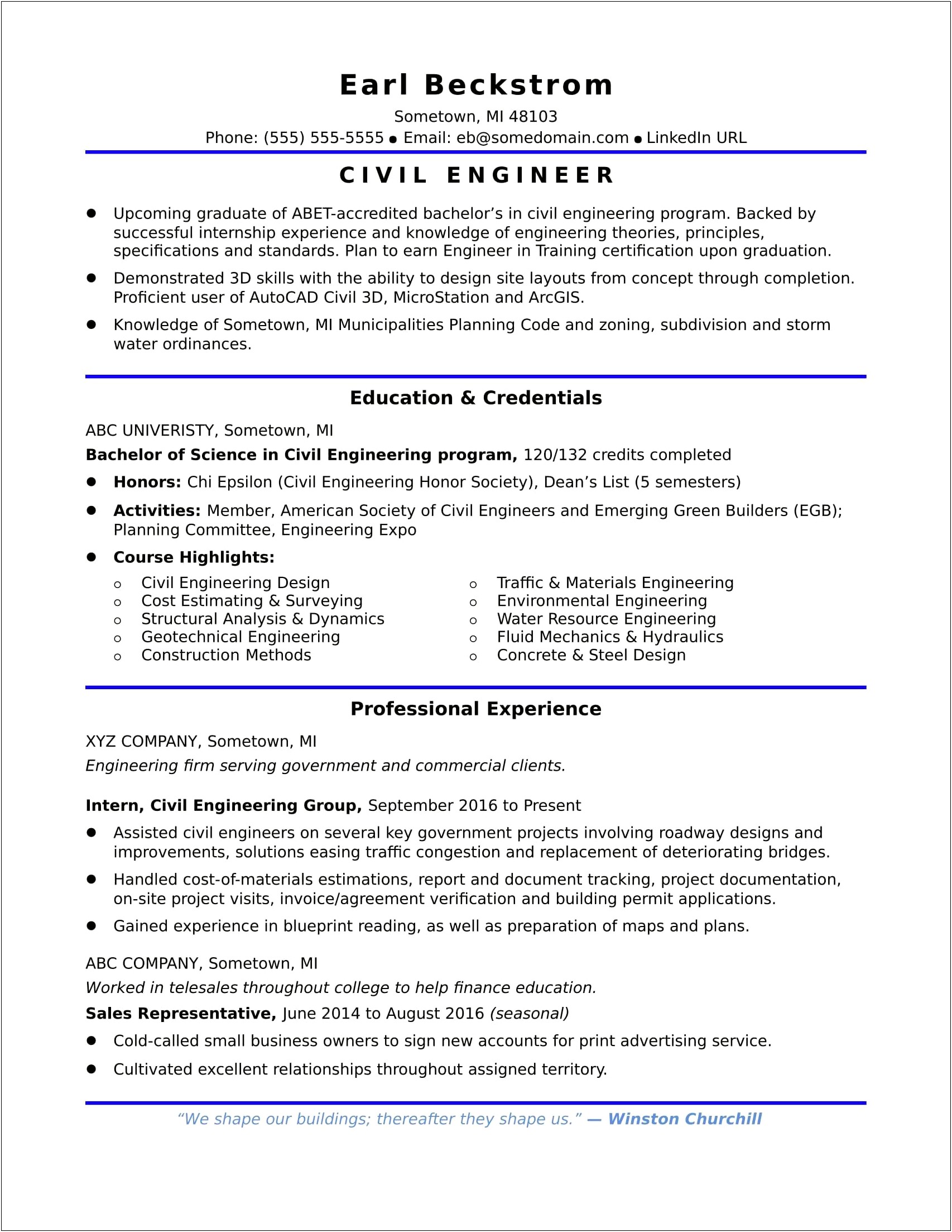Civil Engineering Eit Sample Resume