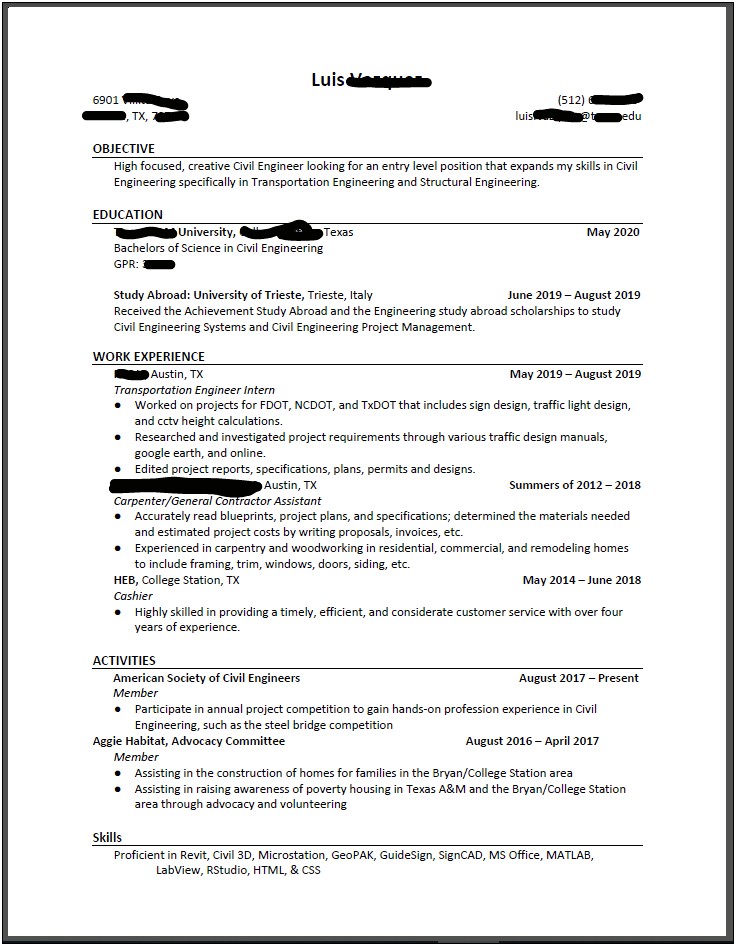 Civil Engineering No Experience Senior Resume