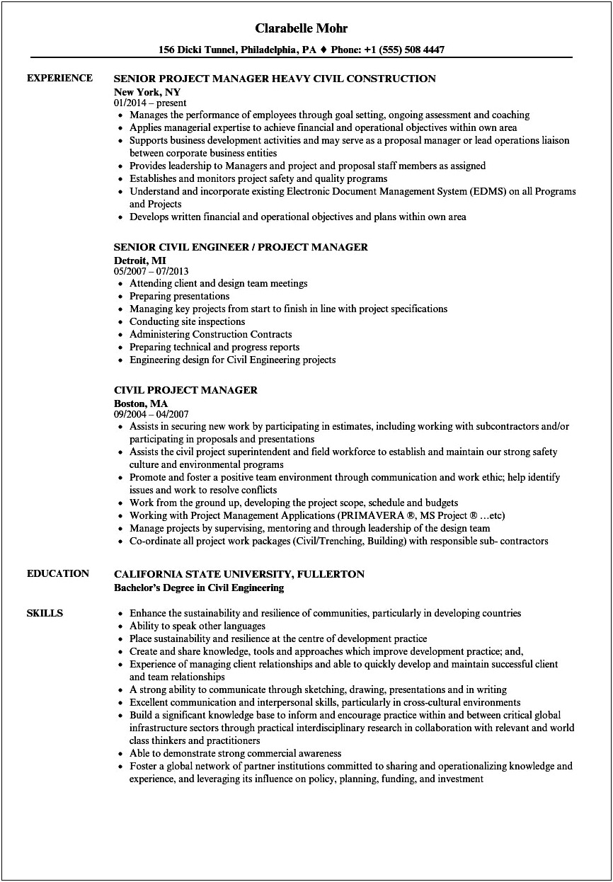 Civil Project Manager Resume Summary