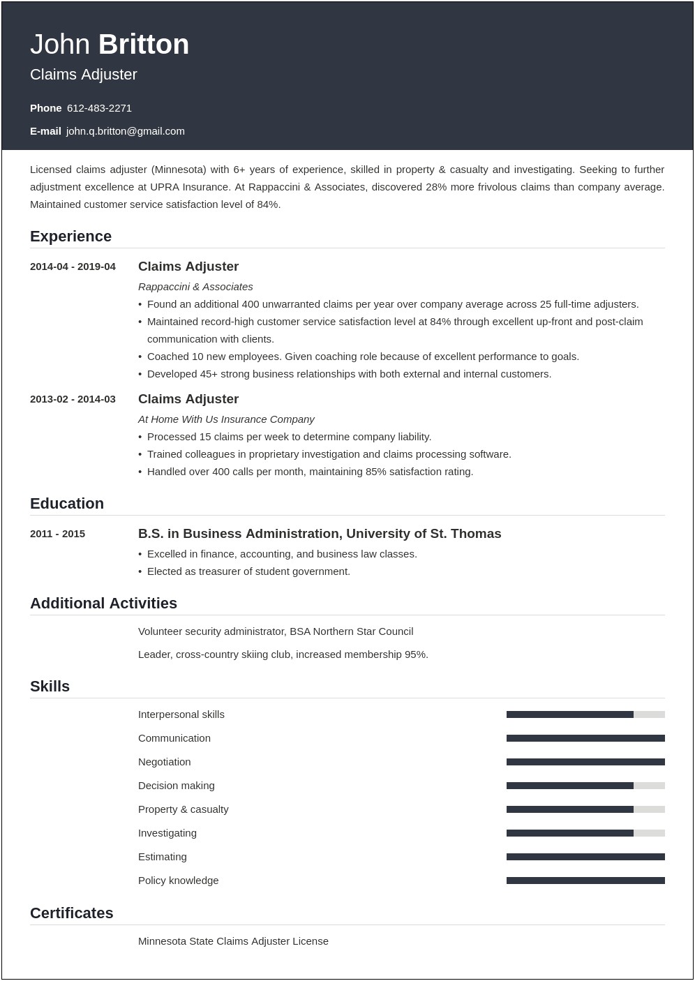 Claims Adjuster Job Description Resume