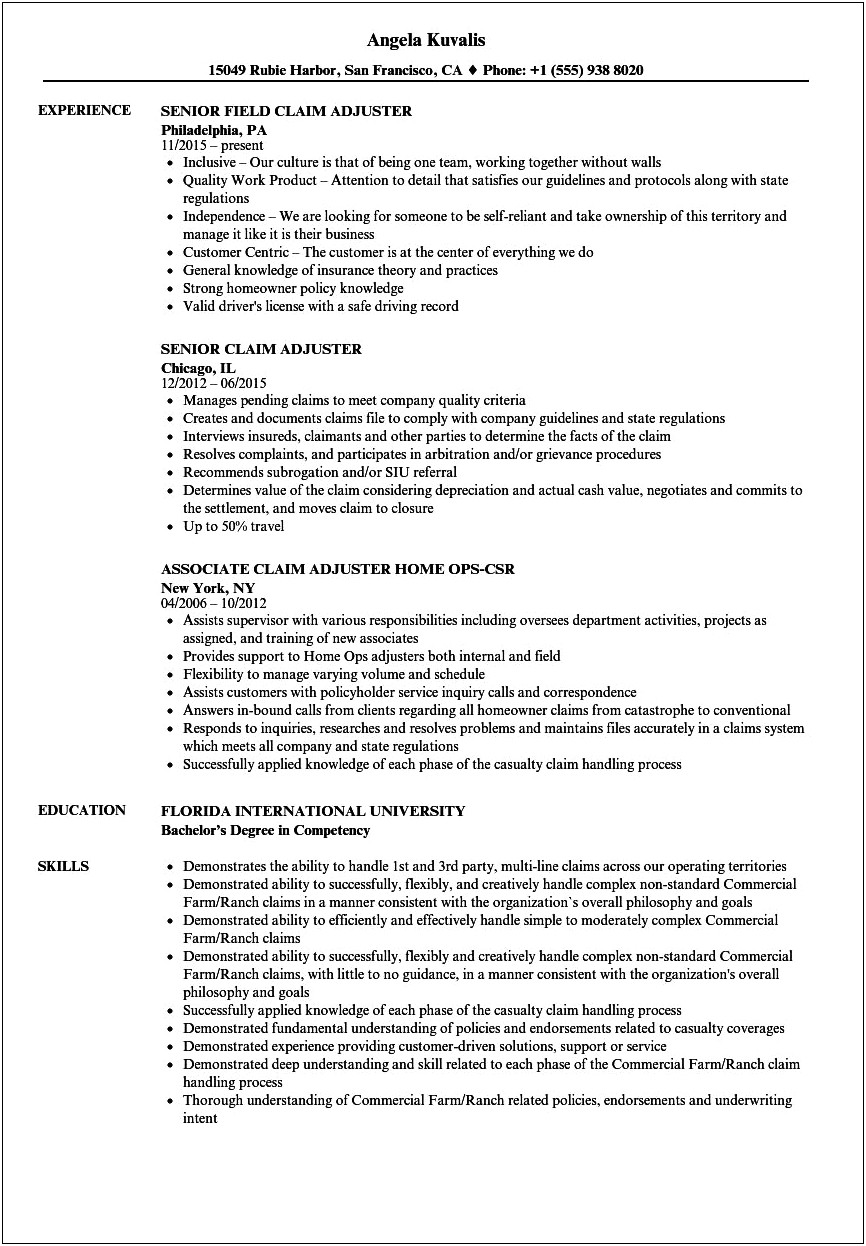 Claims Adjuster Trainee Resume Examples