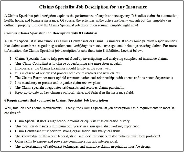 Claims Examiner Job Description For Resume