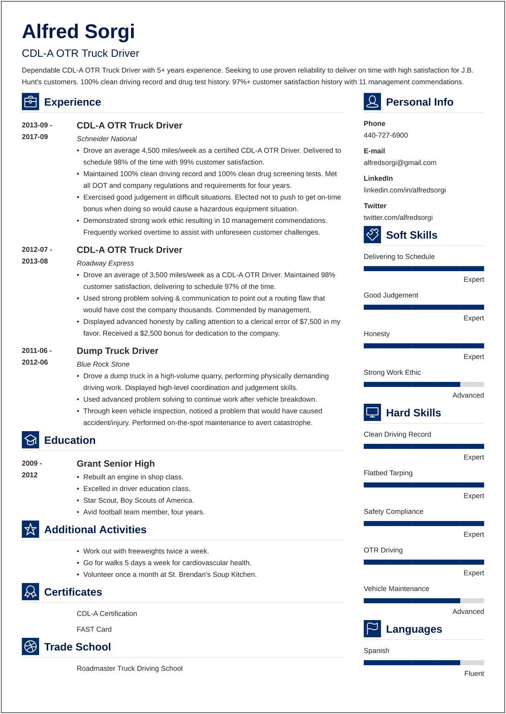 Class C Truck Driver Resume Example Chicago