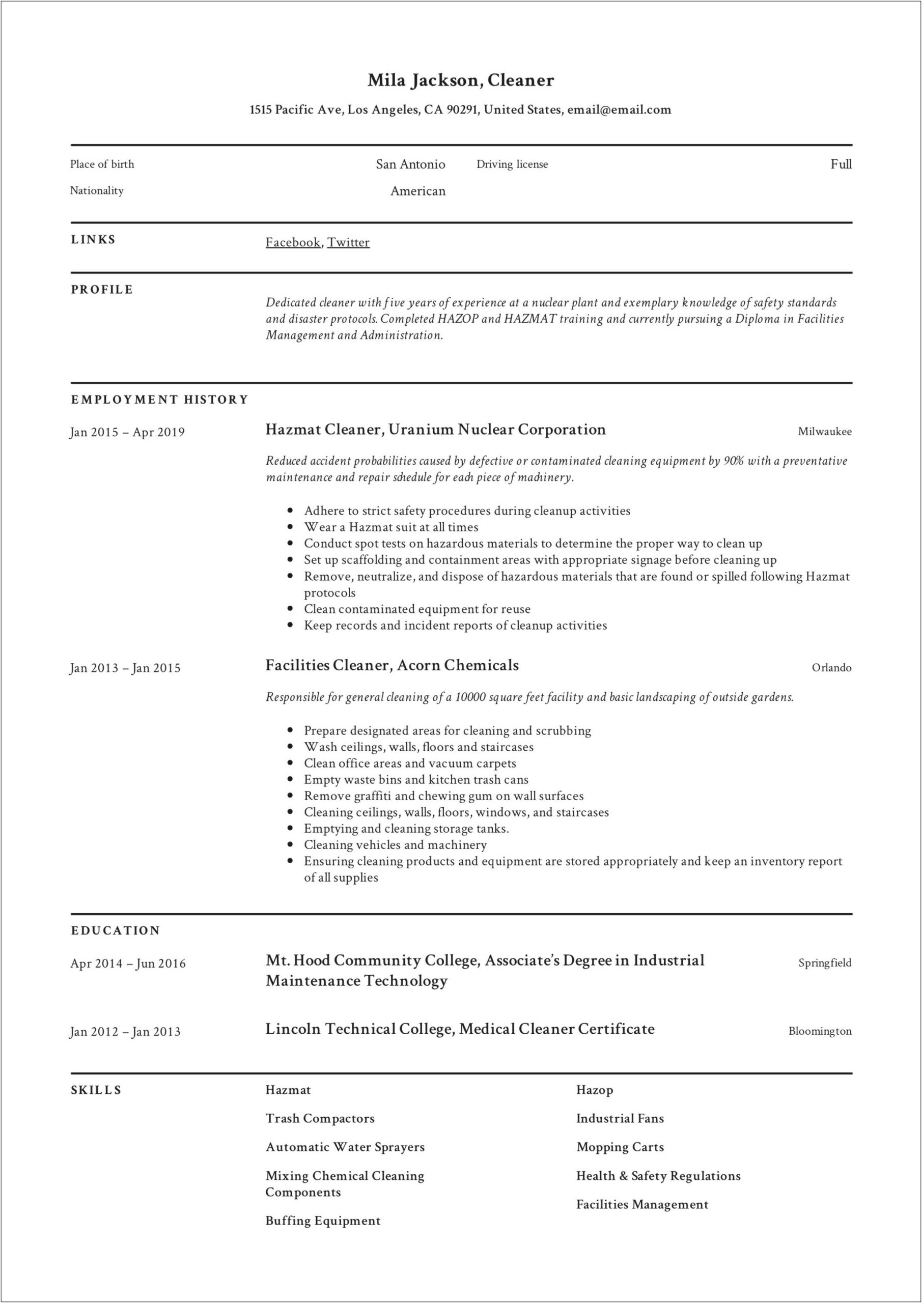 Cleaner Resume Example No Experience