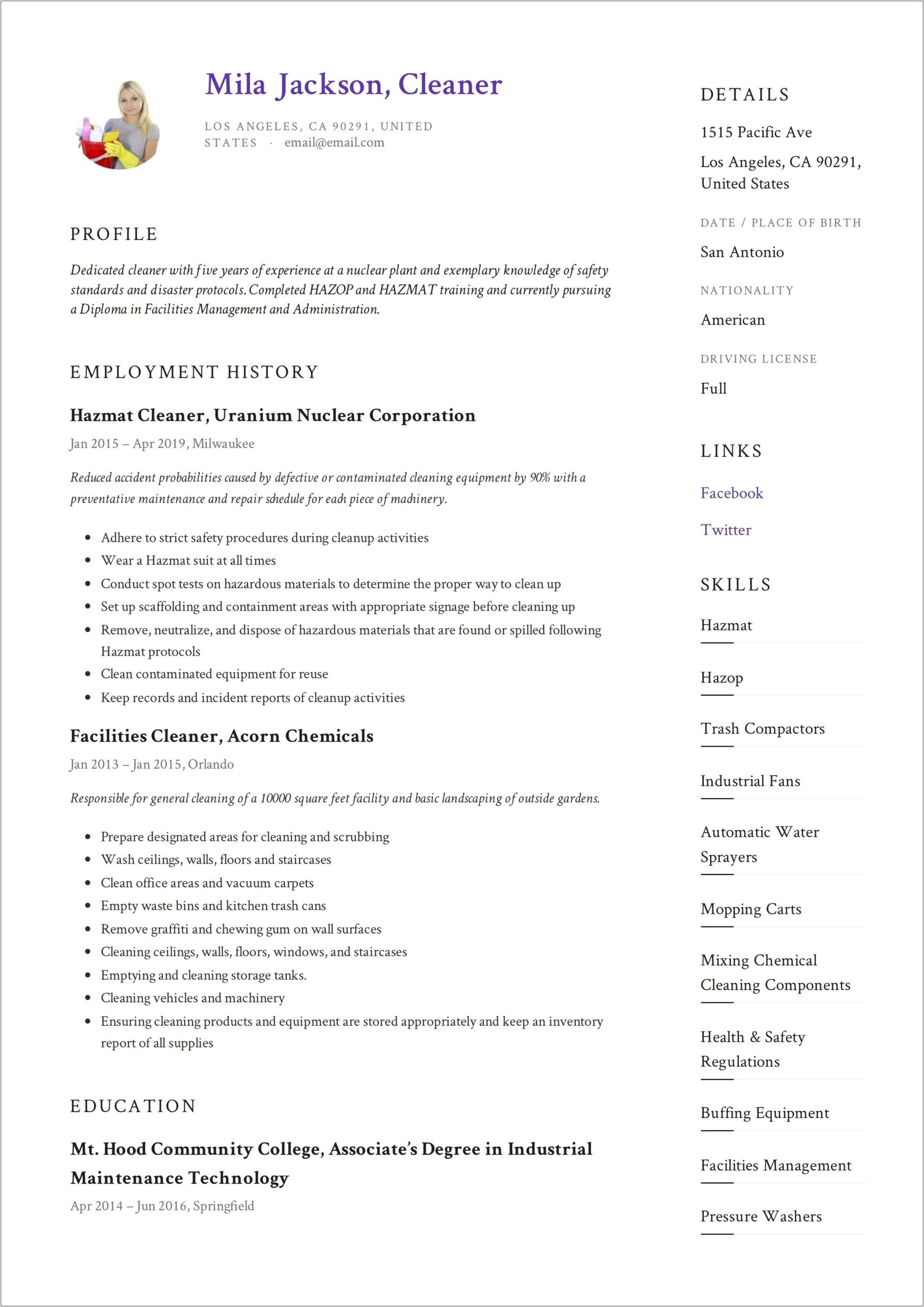 Cleaner Resume Sample No Experience