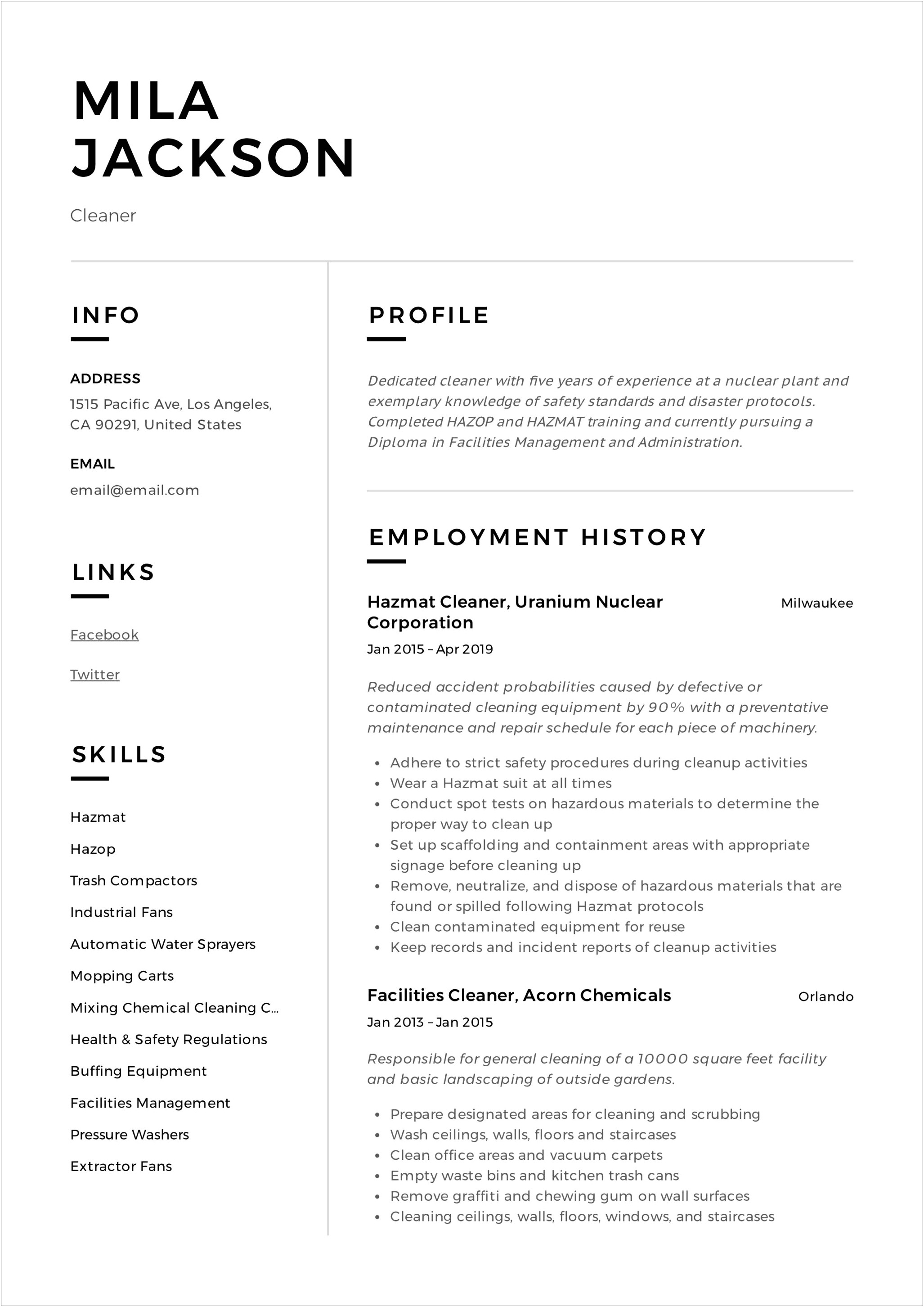 Cleaning Medical Facilities Job Description Resume