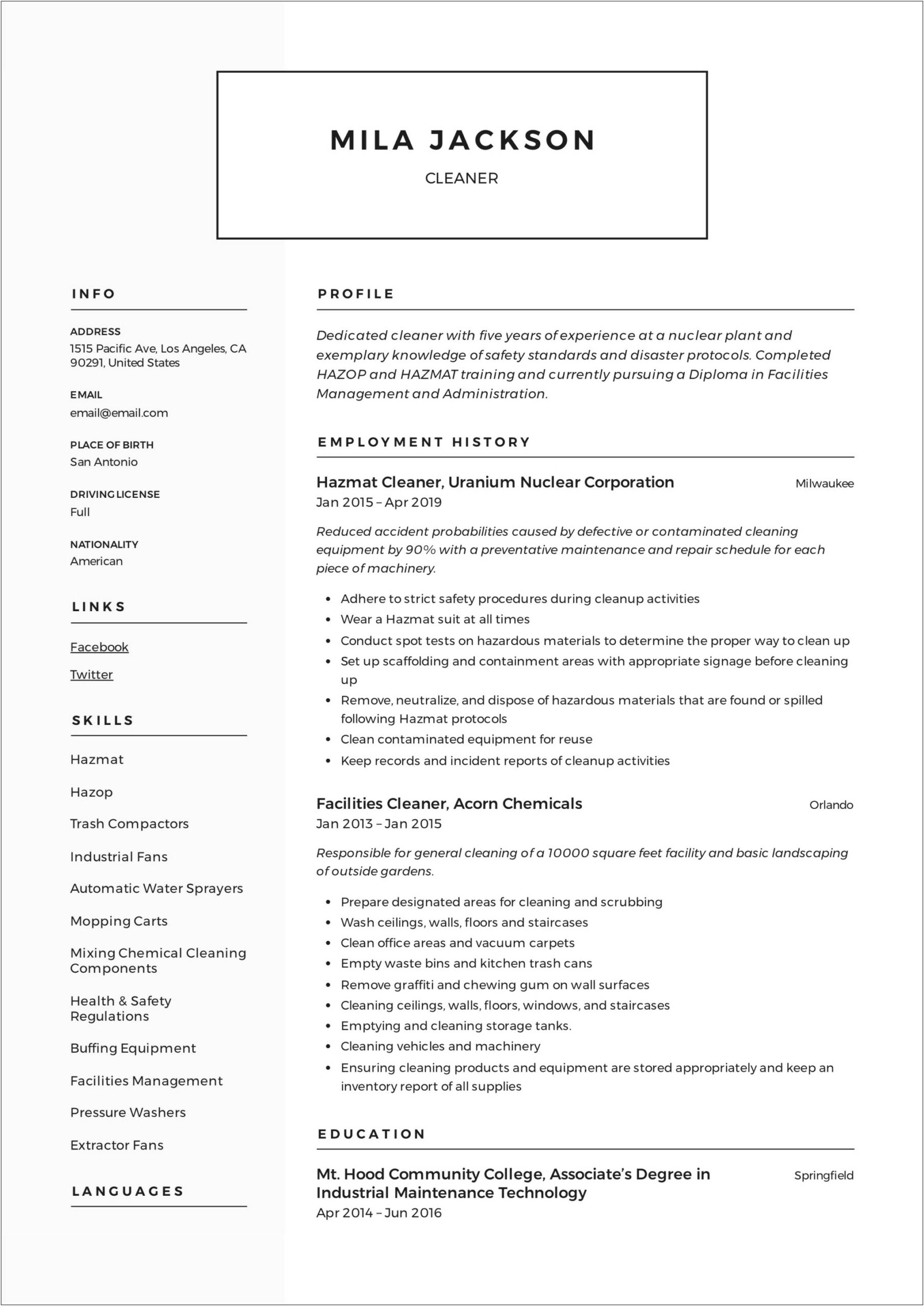 Cleaning Resume Skills And Work Experience