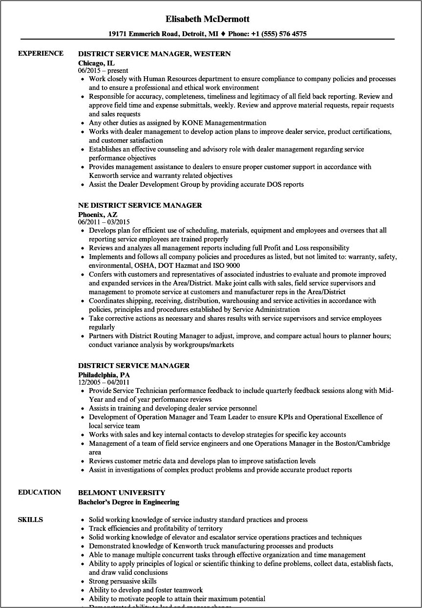 Cleaning Service District Manage Resume