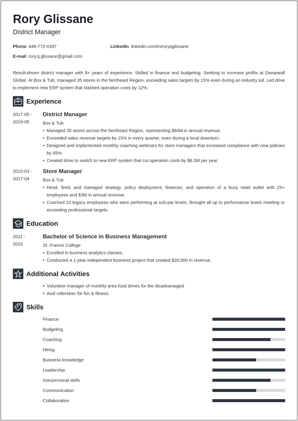 Cleaning Service District Manager Resume