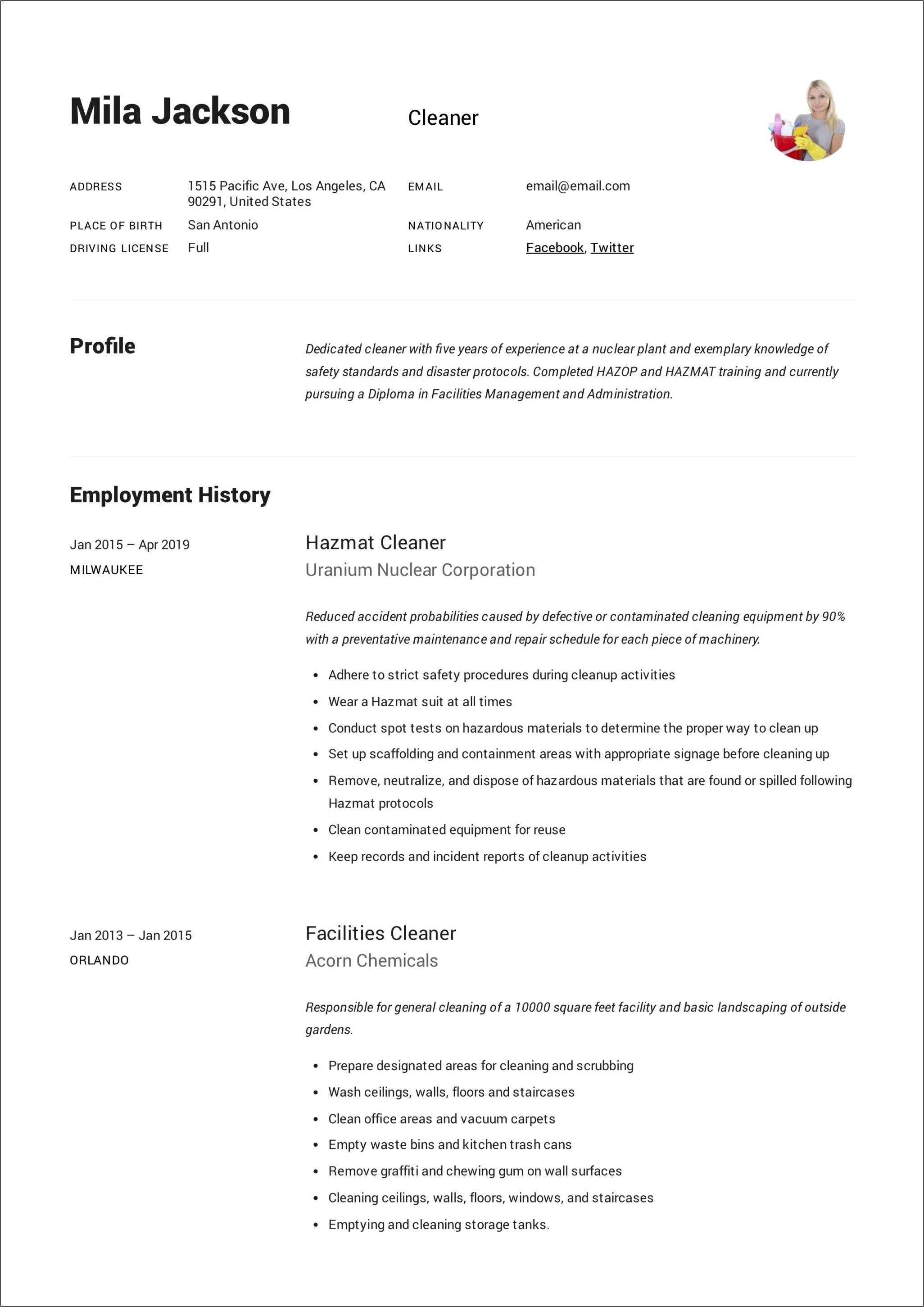 Cleaning Services Job Description Resume