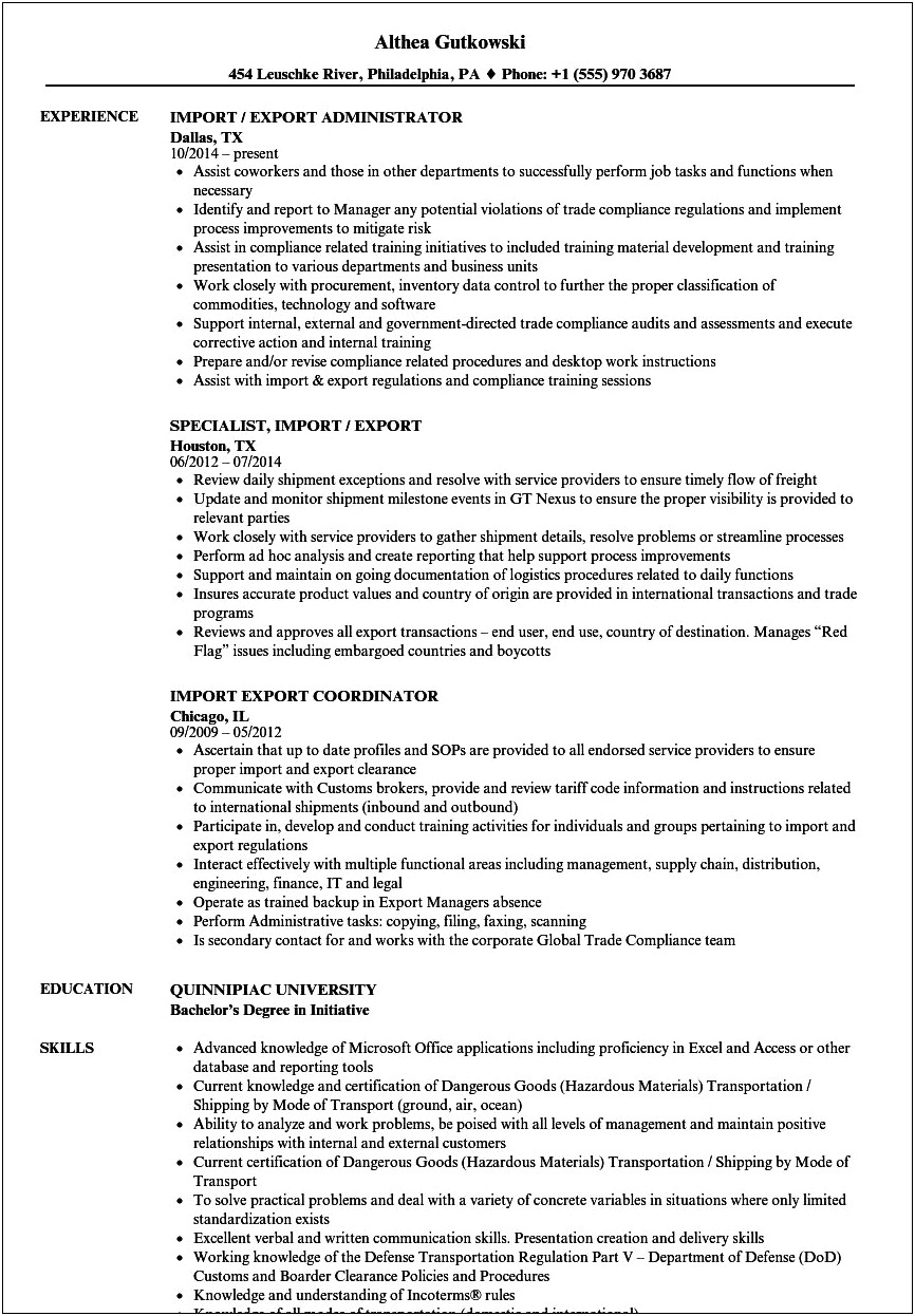 Clearing And Forwarding Resume Sample