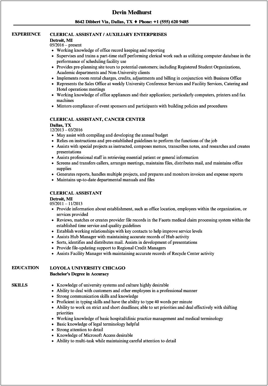 Clerical Assistant Job Description Resume