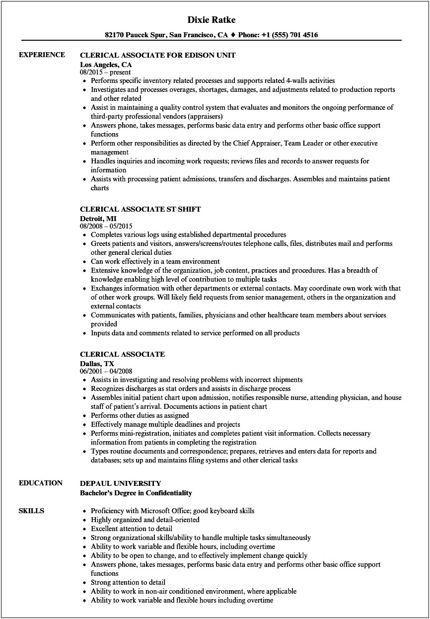 Clerical Customer Service Resume Examples