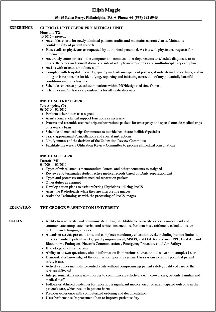 Clerical In A Hospital Resume Example