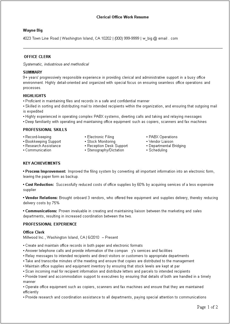 Clerical Job Description For Resume