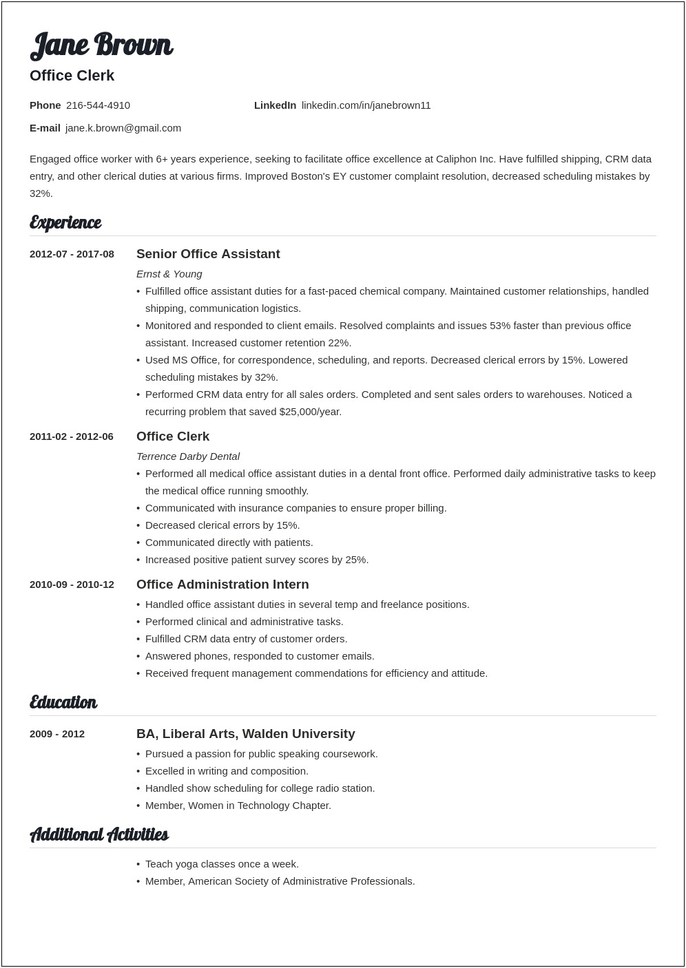 Clerical Job Summary For Resume