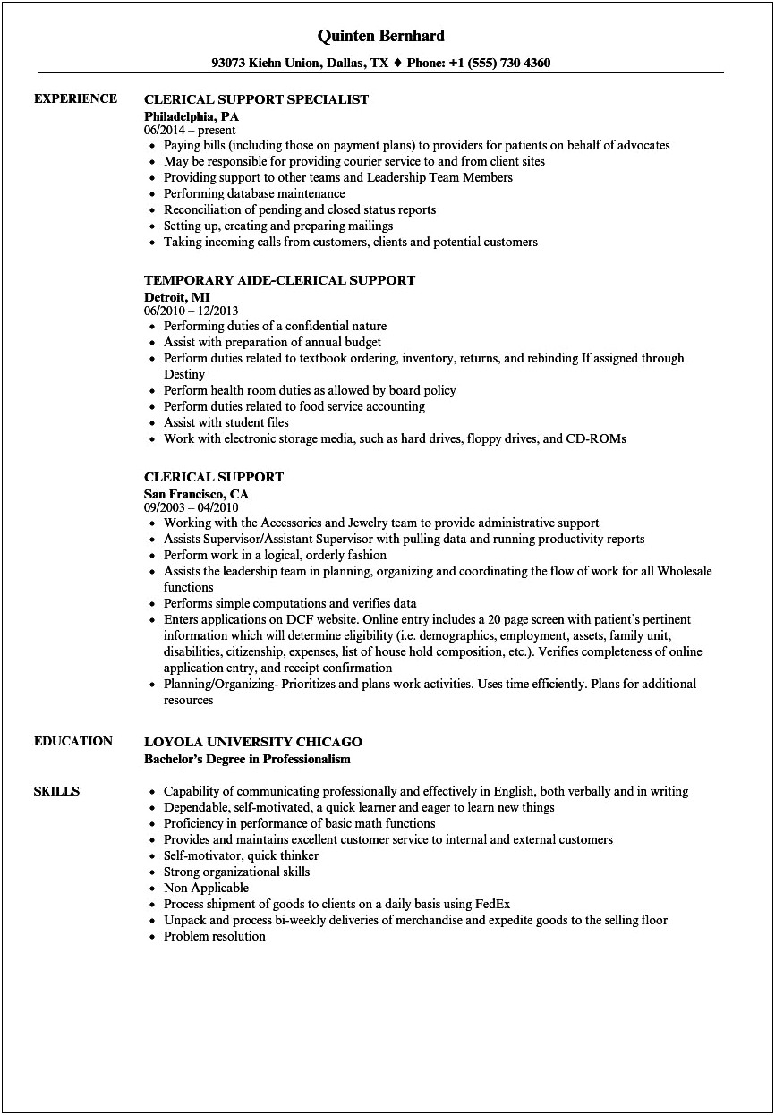 Clerical Resume Skills And Qualifications