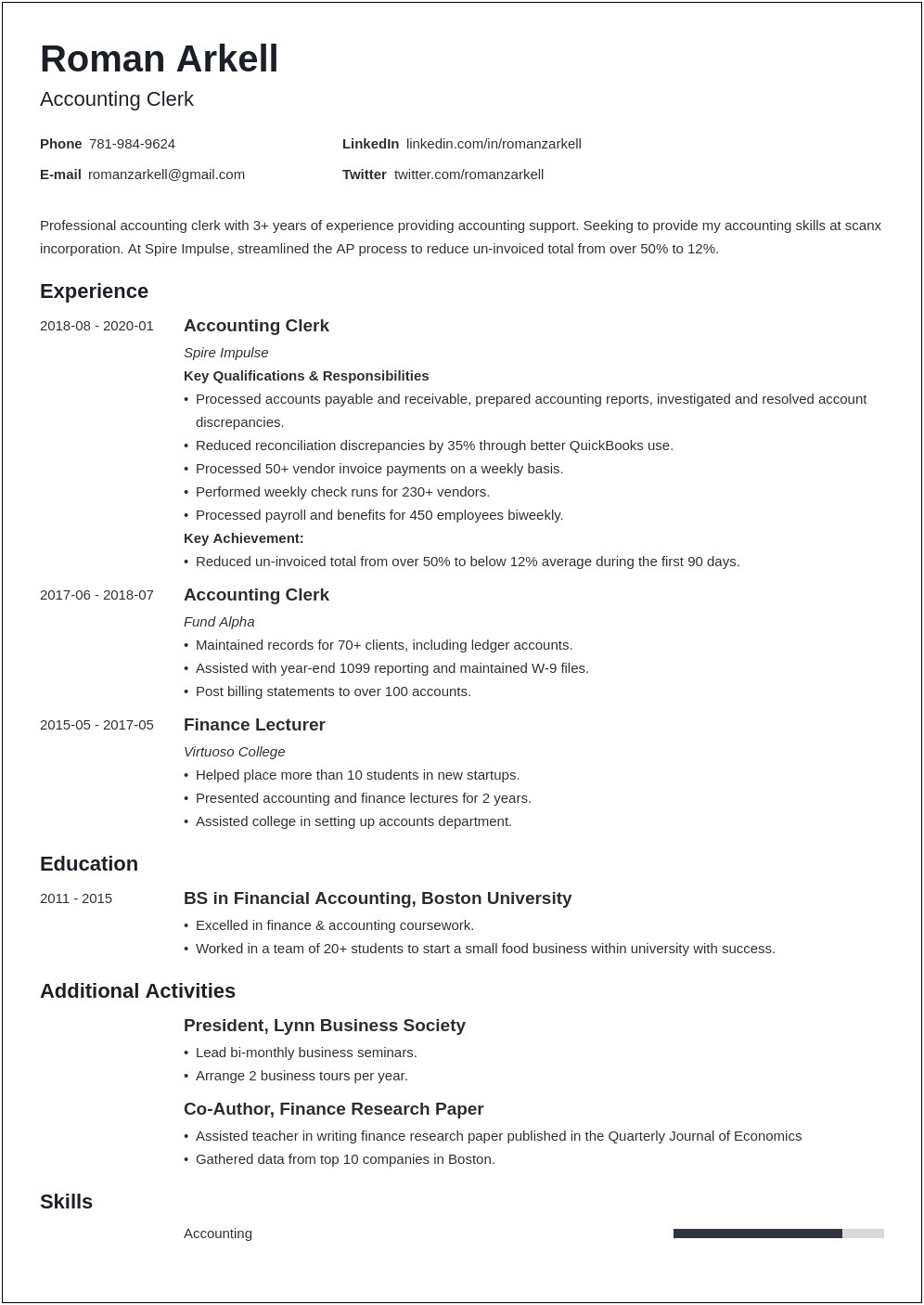 Clerk Activities For A Resume Examples