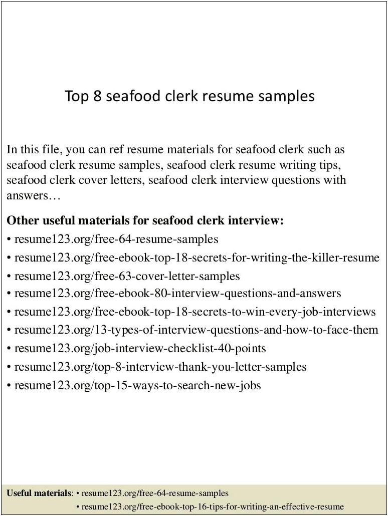 Clerk Service Seafood Sample Resume