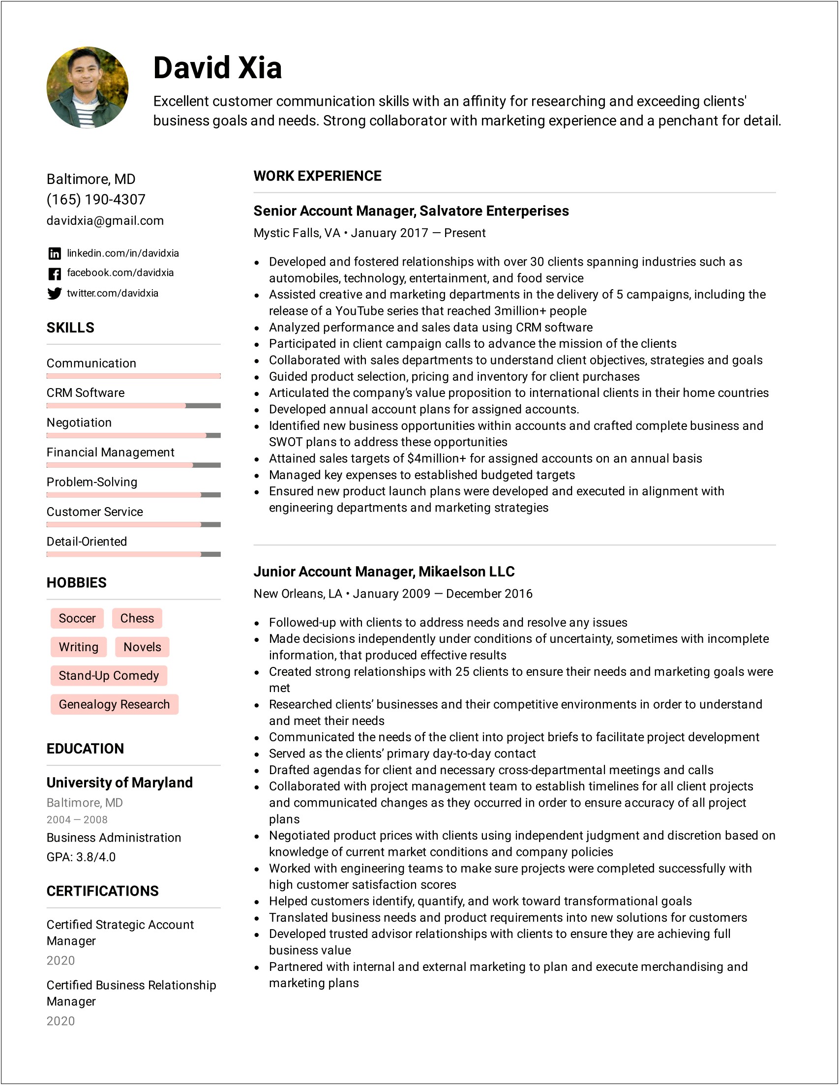 Client Account Manager Resume Example