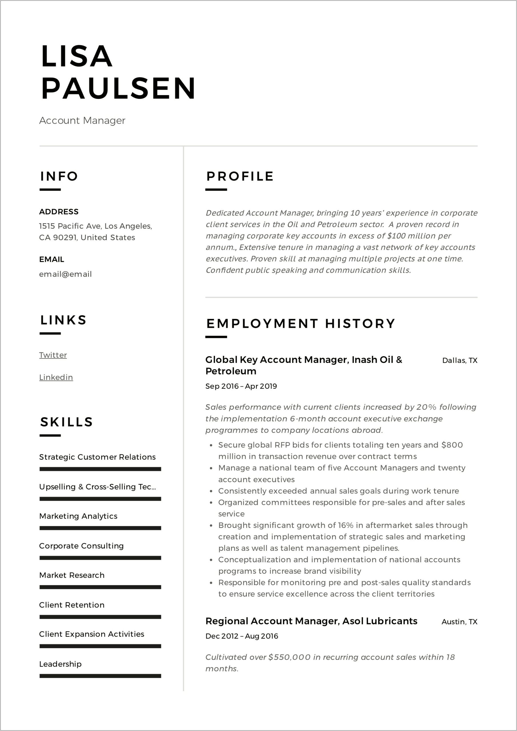 Client Account Manager Resume Sample